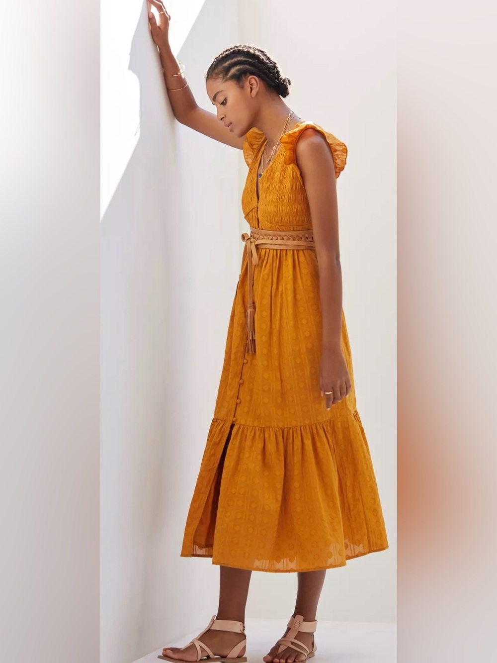 Anthropologie The Peregrine Midi Dress Mustard Marigold Yellow Smocked Boho Sz M - Picture 2 of 7